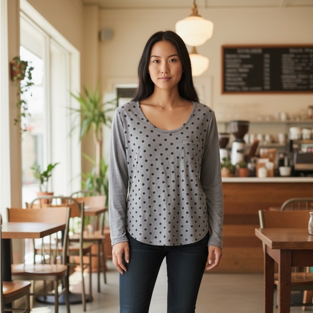 Lucky Brand Gray Polka Dot Long Sleeve Tee Size Large
